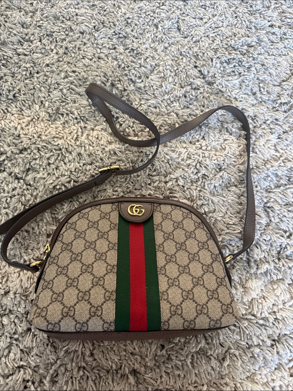 Gucci Beige GG Supreme Crossbody with Green-Red Web Stripe